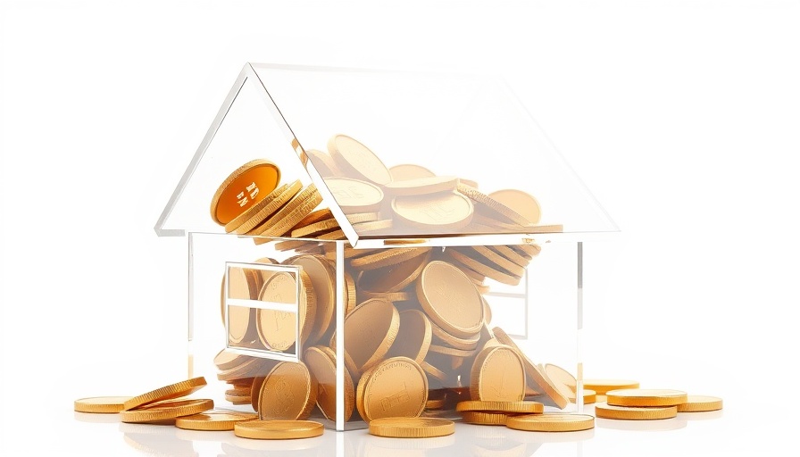 Glass house with gold coins symbolizing geolocation-based property search app.