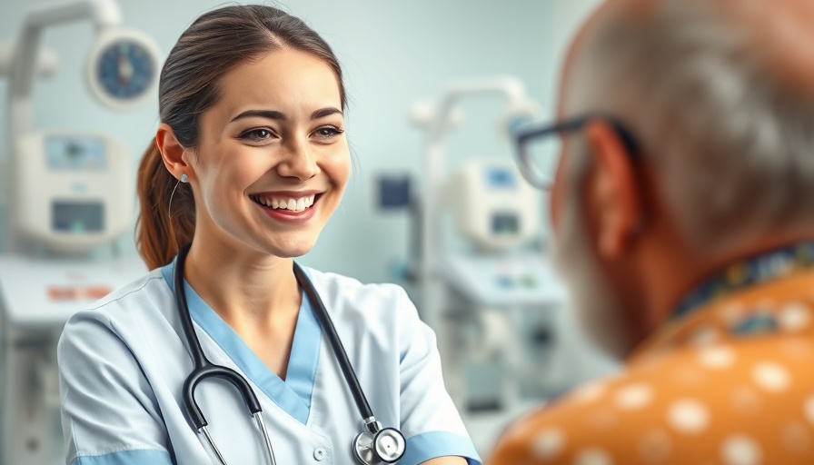 Healthcare professional interacting warmly with a patient in a clinic.