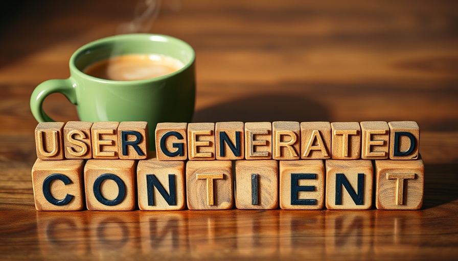 User-Generated Content Marketing concept with wooden blocks and coffee.