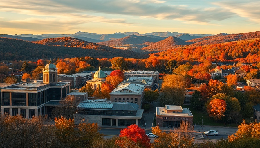 Asheville Fall Foliage Season cityscape at sunset with mountains.