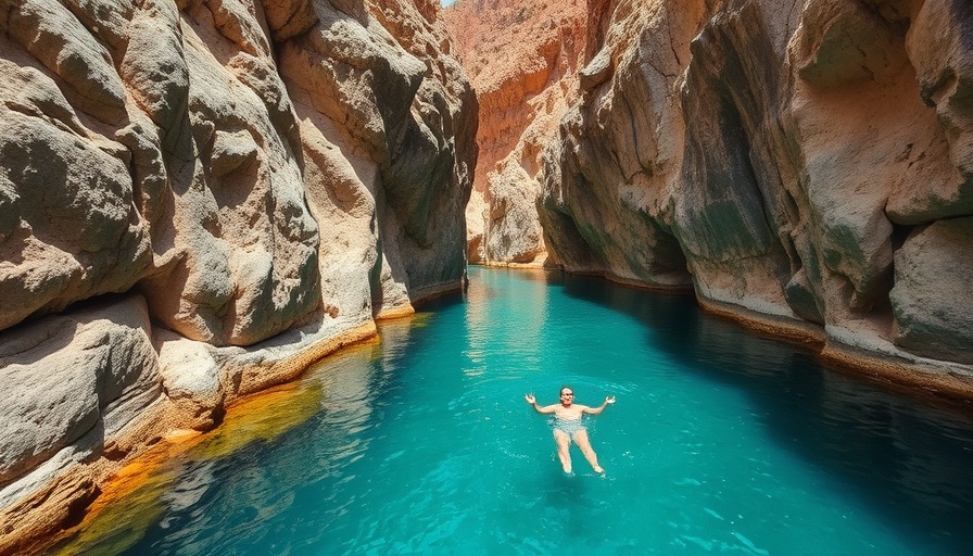 Scenic wadi-hopping in Oman with swimmers in turquoise waters.