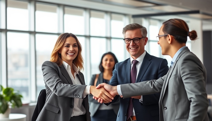 Business negotiation tips with AI concept showing professionals shaking hands in an office.
