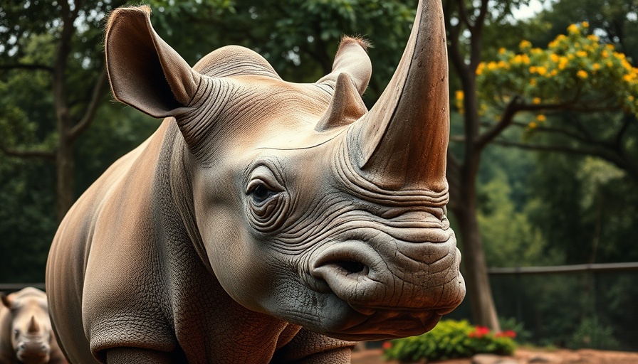 Close-up of a rhino in a zoo setting, conservation efforts visible.