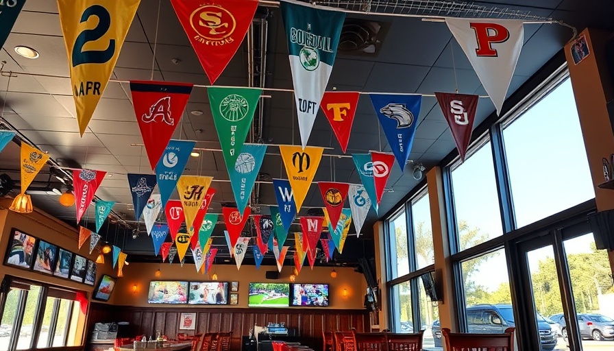 Cedar Park sports bar interior with colorful sports pennants.