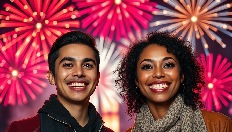 Celebratory individuals with fireworks background.