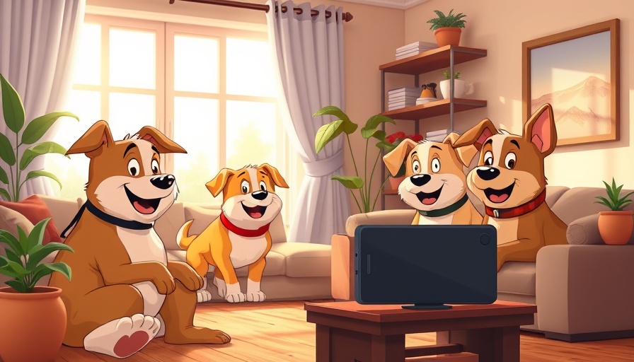 Cartoon dogs enjoying TV time in cozy living room