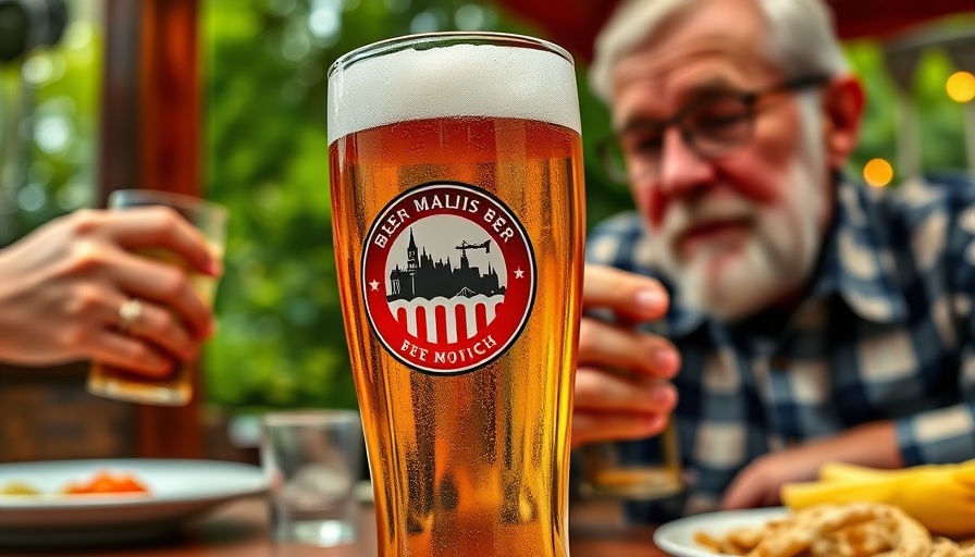 Munich beer garden scene with glass and traditional attire.