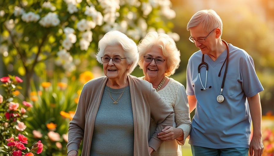 Securing Cyber Resilience in Senior Care: Elderly woman and caregiver walking in a garden.