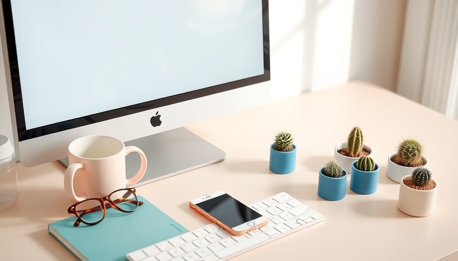 Tidy workspace with computer monitor, keyboard, mug, notebook, and cacti.