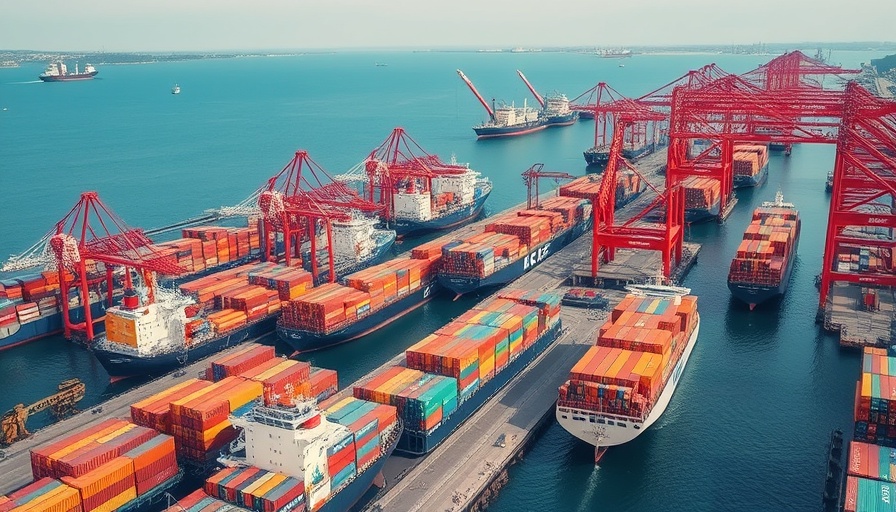 Dynamic global trade scene with bustling port and ships.