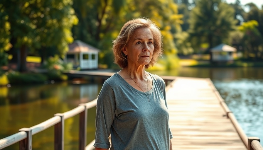 Mature woman on boardwalk pondering surprise medical bills.