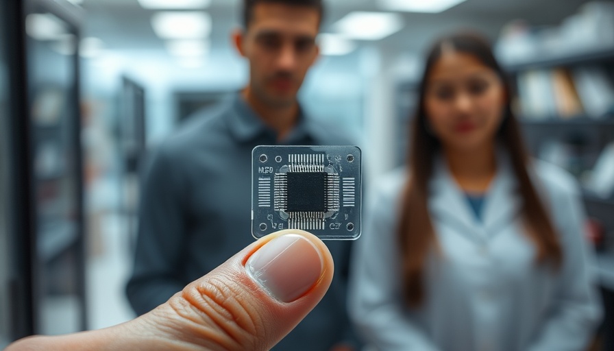 Hand holding a transparent lung-on-a-chip device with blurry background.