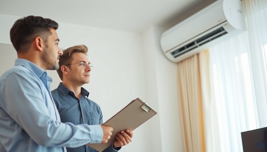 Professionals inspecting air conditioning unit in modern home, focus on common home inspection problems.
