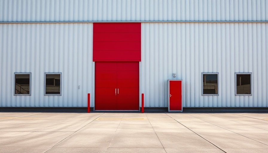 Minimalist industrial building with red door, LRG sale real estate market trends.