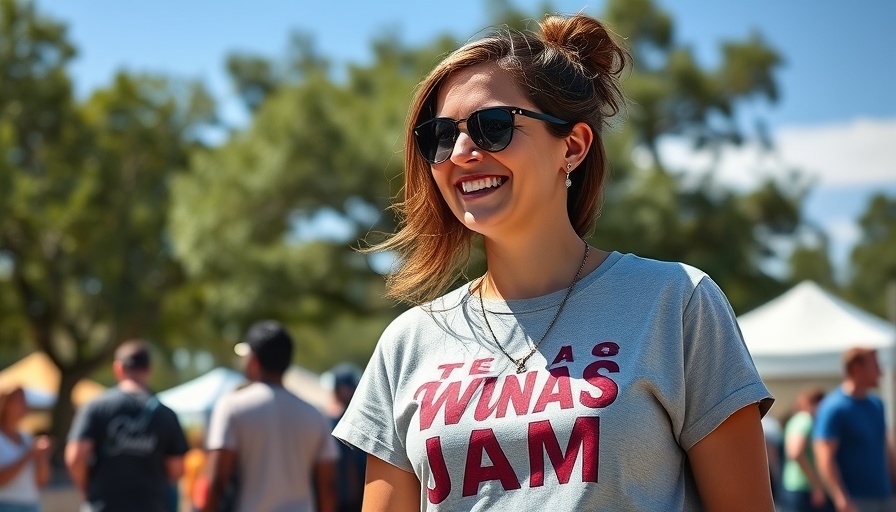 Woman in Texas Wine Jam shirt at outdoor event, smiling.