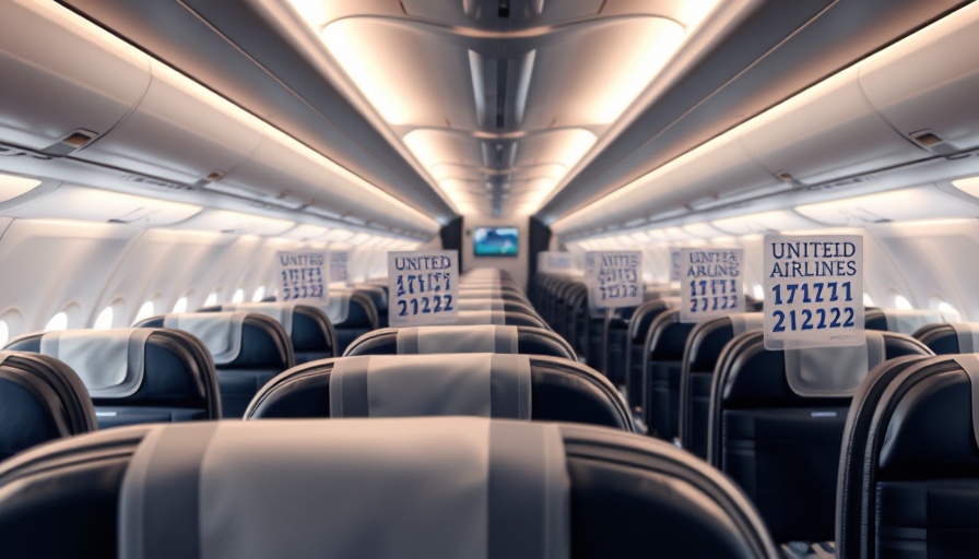 United Airlines sign and empty plane cabin, Guam hub upgrades.