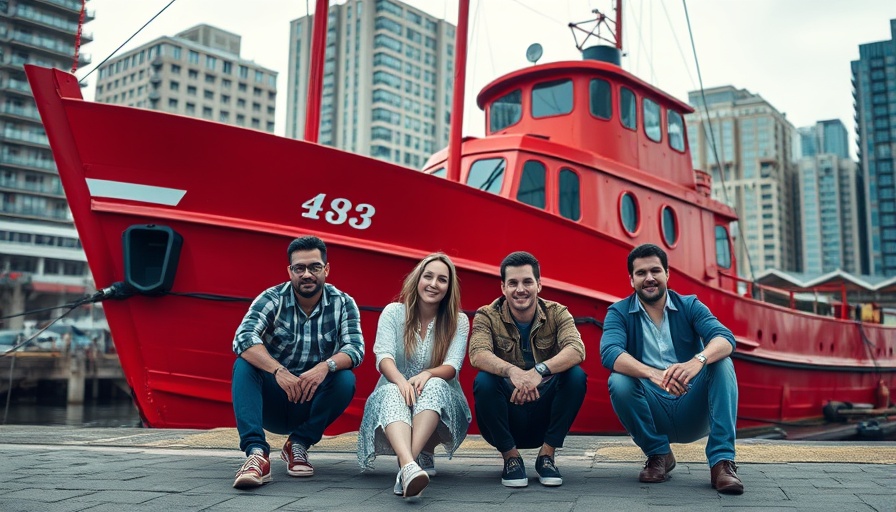 Daiistar live session LP group posing in front of a red ship.