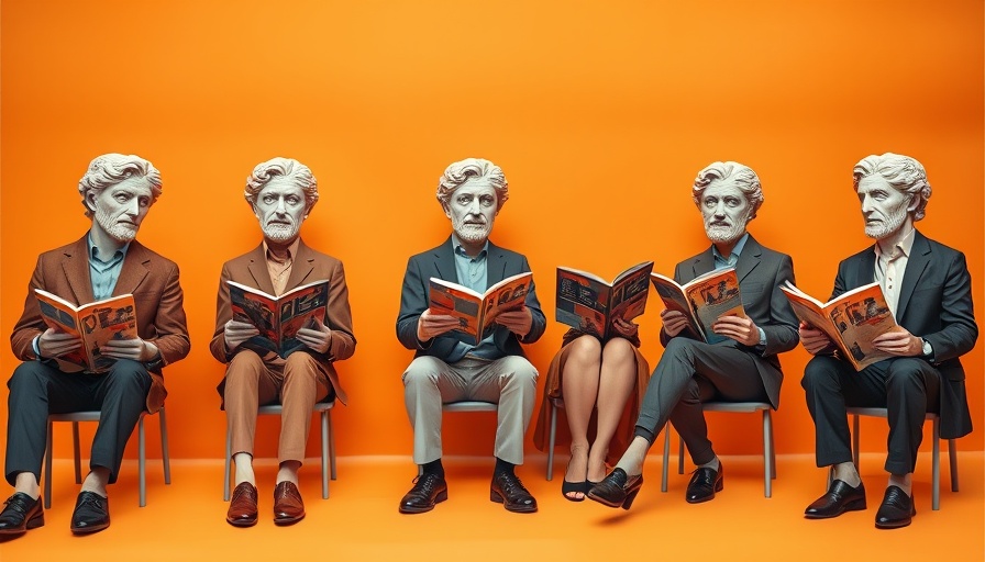 Surreal art with classical busts reading, Startup Brand Storytelling theme.