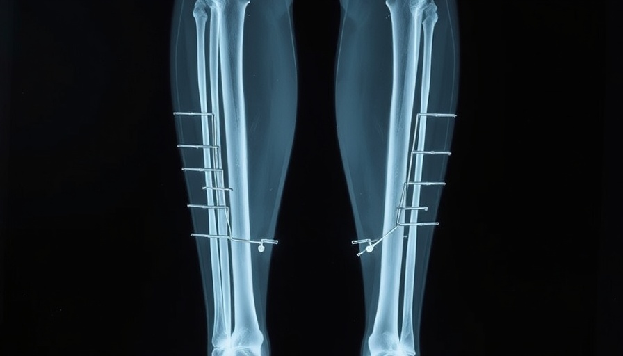 X-ray showing limb-lengthening devices on legs.