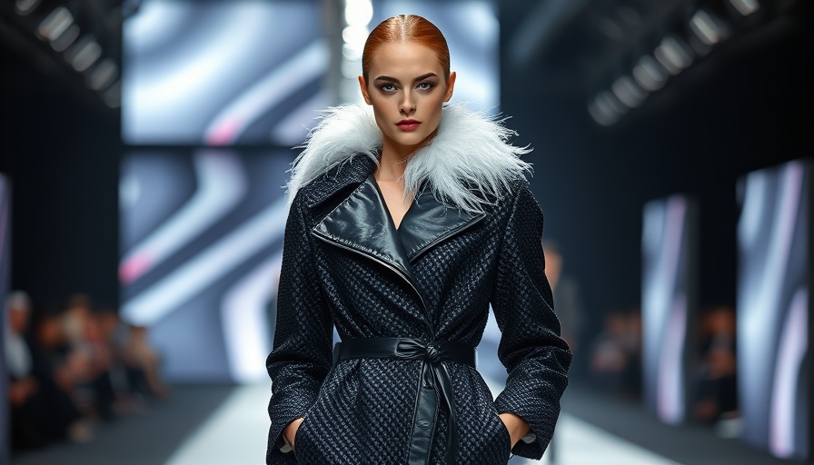 Louise Trotter's Bottega Veneta Collection model in black coat and feather collar.