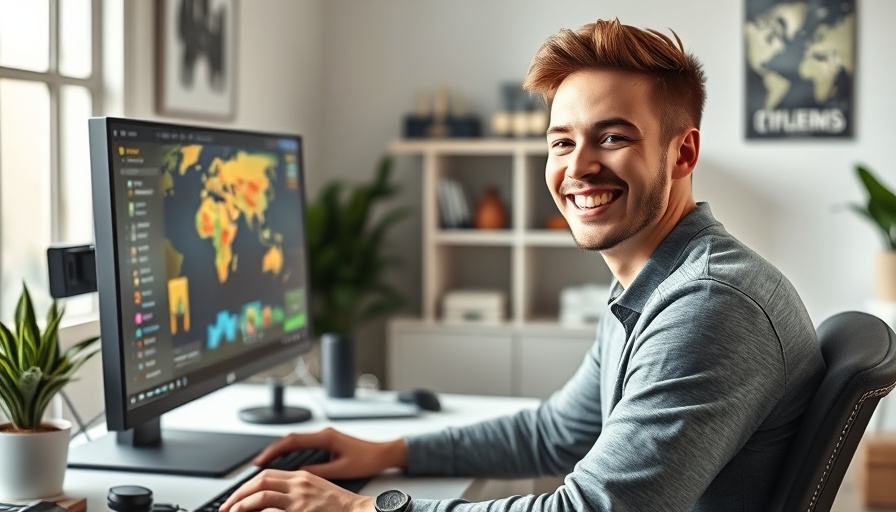 Young man playing WorldGuessr Geography Game in home office.