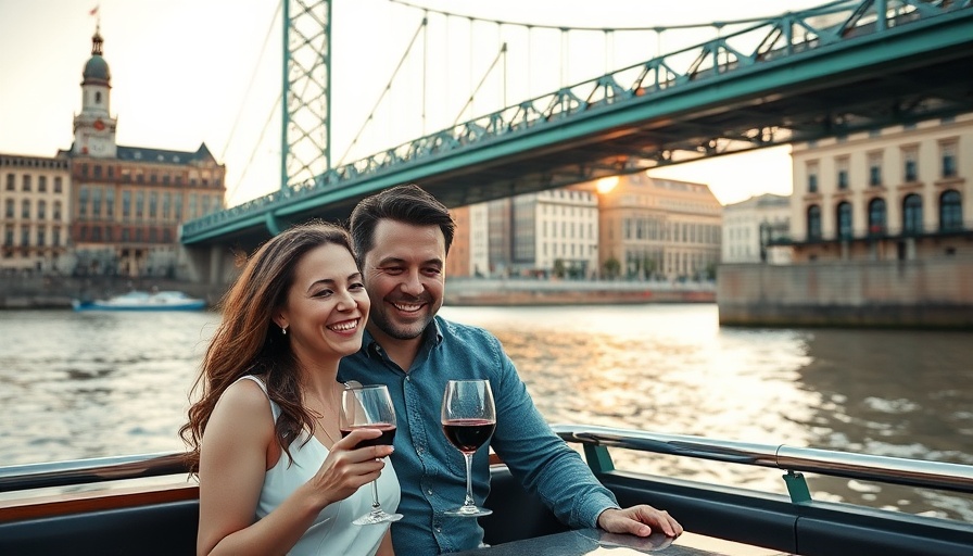 Couple enjoying wine on a river cruise under a scenic bridge.