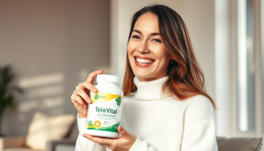Woman smiling with Telo-Vital supplement for telomere health.