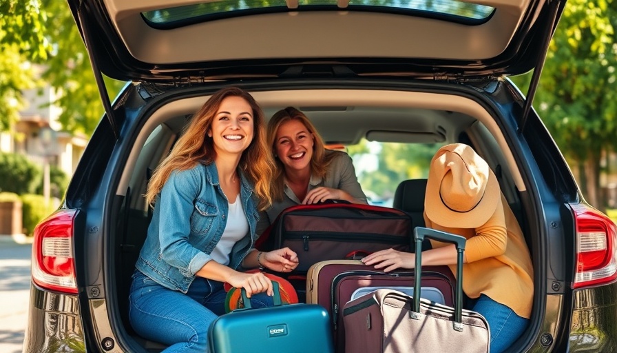 Joyful women traveling, packing luggage in car, sunny suburban street