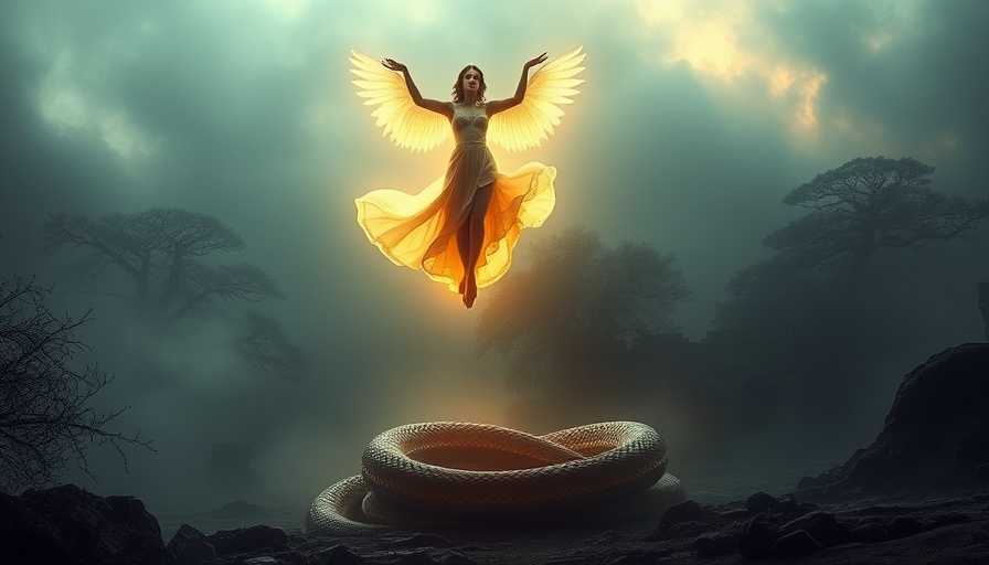 Ethereal will-o'-the-wisps dancing above a snake in a misty landscape.