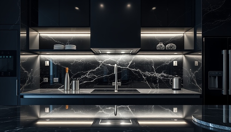Modern kitchen with black backsplash design and under lighting.