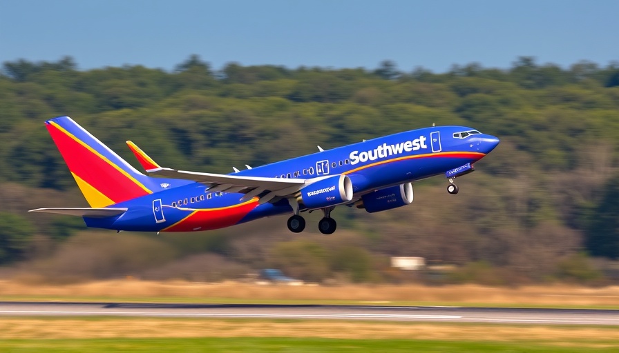 Southwest Airlines jet taking off at airport, clear day.