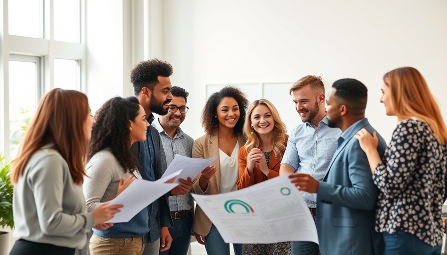 Diverse team in office collaborating on successful rebranding campaign.