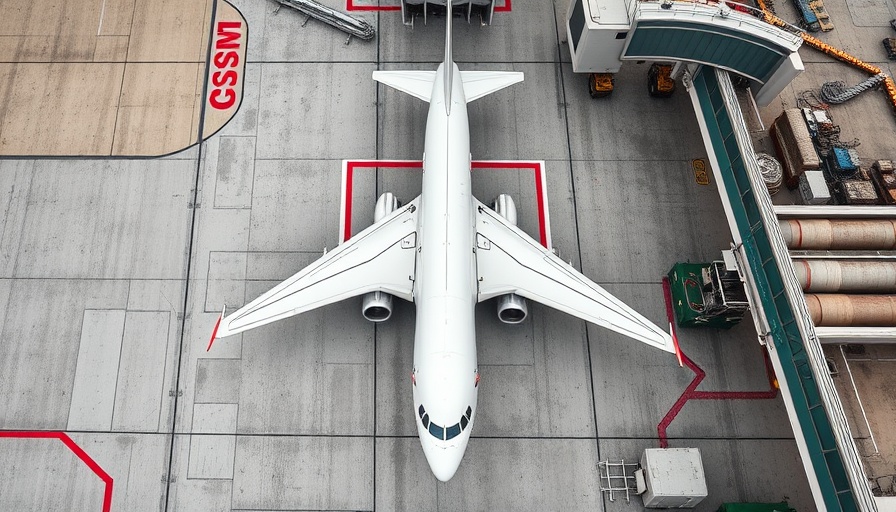 Stationary airplane at airport gate viewed from above, air traffic.
