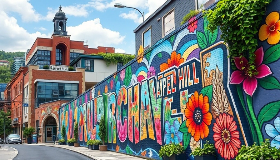 Chapel Hill mural with landmarks and floral designs.