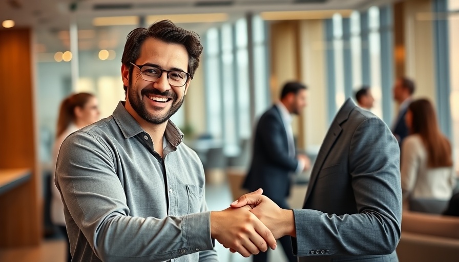 Smiling man in job interview preparation context, handshaking in office.