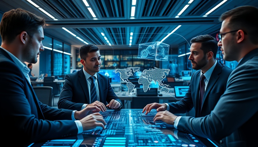 Futuristic office setting with domain acquisition discussions on digital screens.