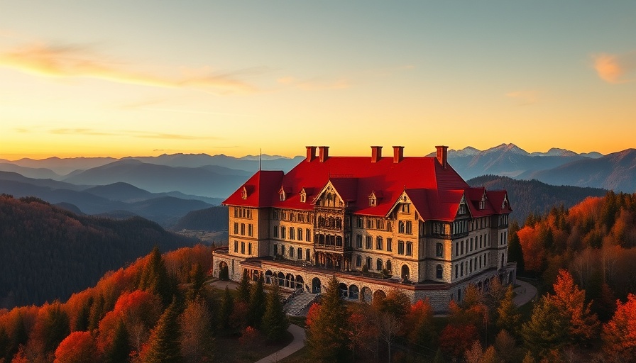 Historic hotel with red roof amidst New England mountains, sunset.