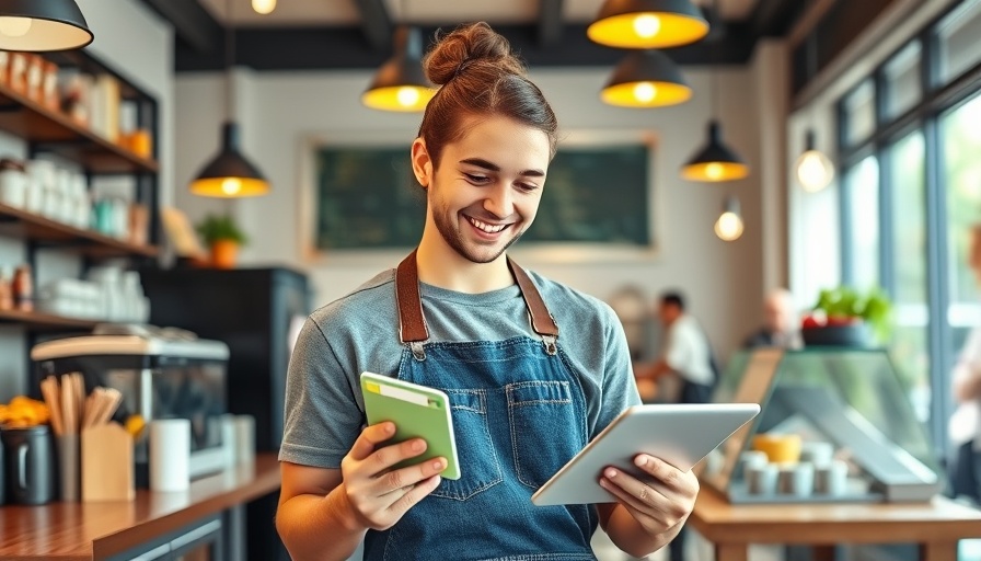 Young barista in coffee shop with tablet and credit card.