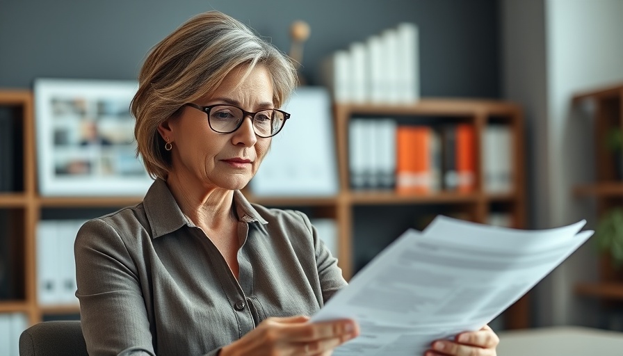 Mature woman reviewing financial documents in a bright office.