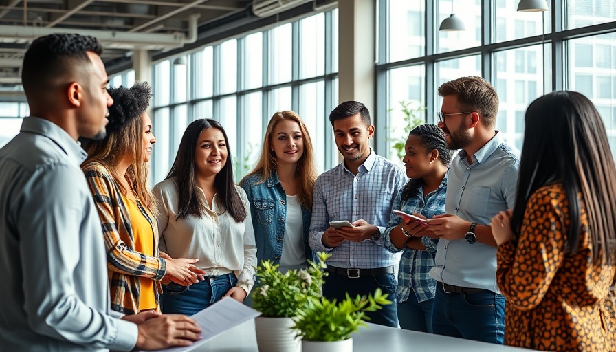 Brand storytelling meeting with diverse team in modern office.