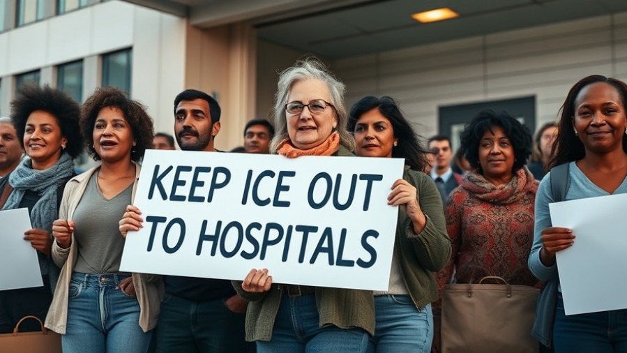 Protesters advocating for healthcare immigrant rights outside a hospital.