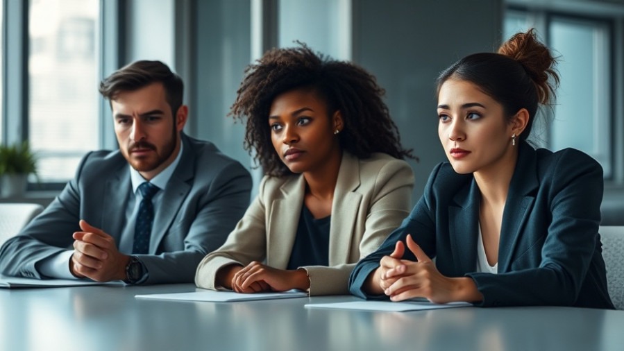 Three diverse coworkers exhibit team agreement issues in a meeting, reflecting workplace communication problems.