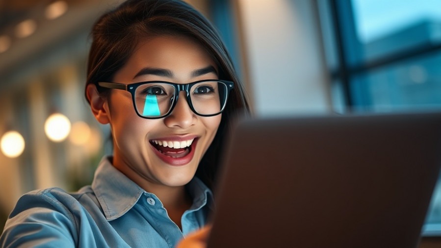 Excited young professional opening a glowing laptop, reflecting Windows 11 Pro discount excitement.