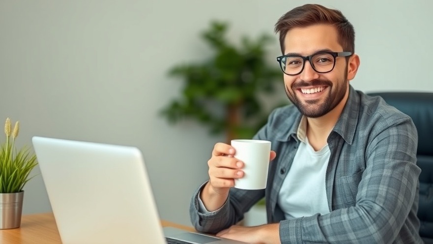 Happy entrepreneur with coffee in front of laptop, showcasing productivity.