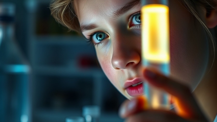 Young researcher focuses on glowing test tube for liquid biopsy technology in lung cancer detection.