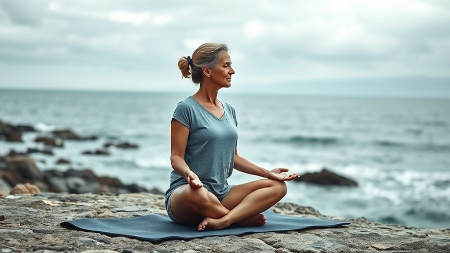 Middle-aged woman practicing self-care and mindfulness on a rocky seashore.