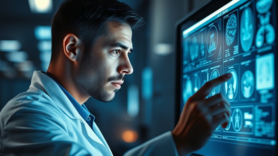 Scientist using AI in cancer surgery, focused on digital scans at night.