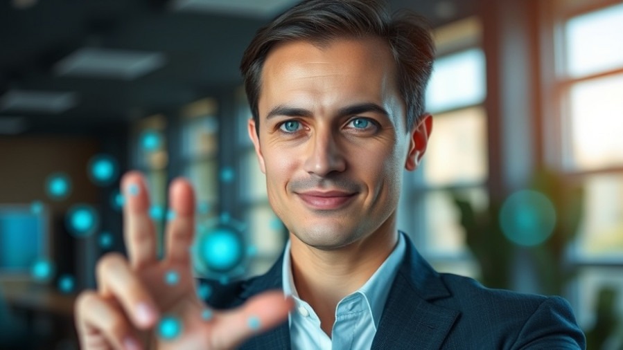 Confident business professional showcasing AI marketing trends in a modern office setting.