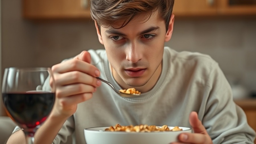 Concerned person inspecting cereal bowl, reflecting on mycotoxins and food safety.