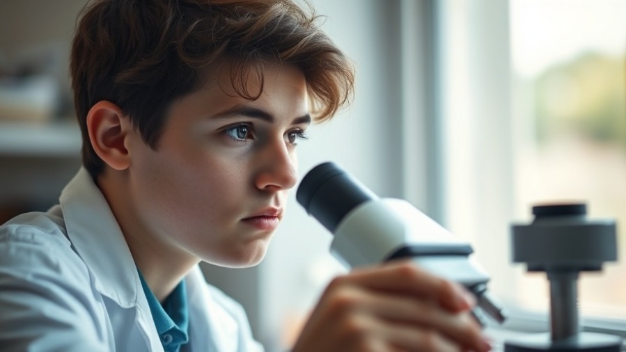 Teenager in a lab coat inspired by youth innovation, using a microscope.